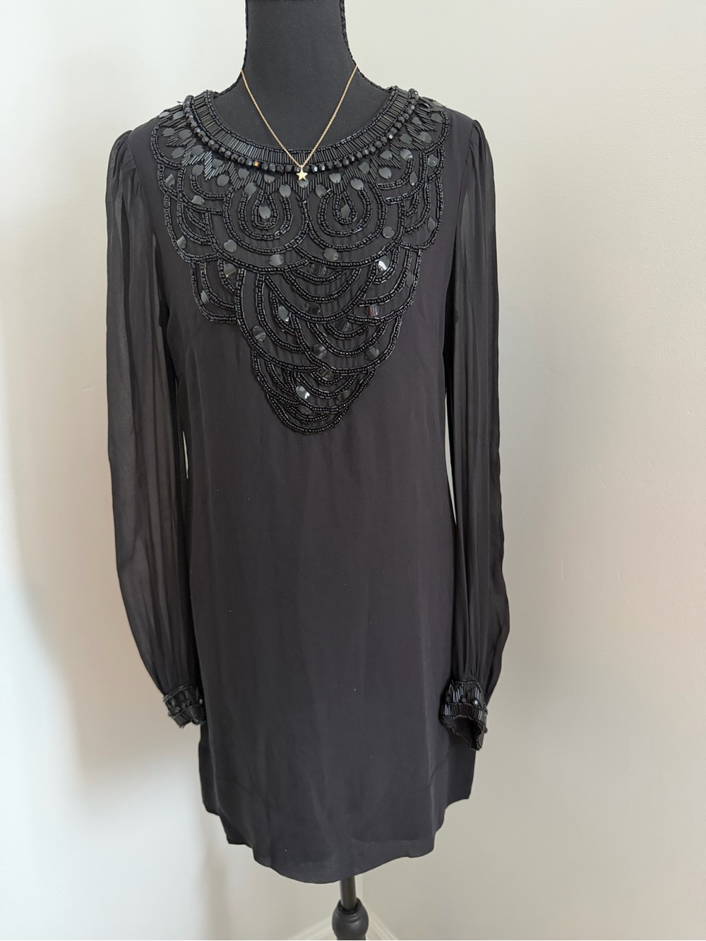 French Connection Black 100% Silk Beaded Bib Shift Dress Size 8